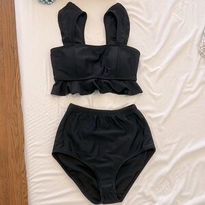 Ruffle Sleeve High Waisted Black Bikini Size 4